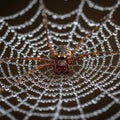A spider sits on a web covered with dewdrops creating a sparkling effect Royalty Free Stock Photo