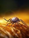 Spider is sitting on top of piece of wood. The spider has an orange body and black legs, making it appear to be redback