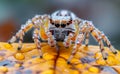 A spider is standing on a leaf with raindrops on it. The spider is brown and white with black eyes Royalty Free Stock Photo