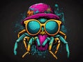 Spider with sunglasses and hat on black background paint splatter graffiti style art. Generated AI Royalty Free Stock Photo