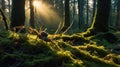 Spider Weaving Its Web On Mossy Ground In A Forest During Sunrise With Sun Rays Royalty Free Stock Photo