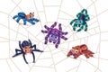Spider on web. Cartoon tarantula characters sitting on net. Funny insects weaving cobweb. Arachnid mascots with smile faces. Group