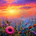 Spider web covered in dew with a colorful sunrise backdrop Royalty Free Stock Photo