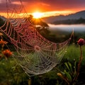 Spider web covered in dew with a colorful sunrise backdrop Royalty Free Stock Photo