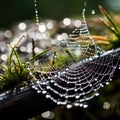 A spider web covered in dew drops, AI Royalty Free Stock Photo