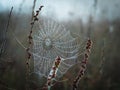A spider web covered with dew drops entangled dry stalks of field weeds Royalty Free Stock Photo