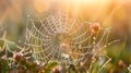 Spider web covered in dew drops in the morning, Spider web in the morning dew Royalty Free Stock Photo