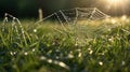 Spider Web Dew Drops in the Morning Sun on Green Grass with Blurry Background Royalty Free Stock Photo