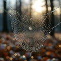 A spider web covered with dew drops