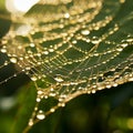 Spider web covered in dew drops, suspended in lush greenery Royalty Free Stock Photo