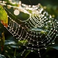 Spider web covered in dew drops, suspended in lush greenery Royalty Free Stock Photo