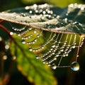 Spider web covered in dew drops, suspended in lush greenery Royalty Free Stock Photo