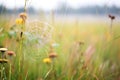 spider web covered with dew in a foggy meadow at early morning