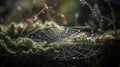 a spider web covered in dew sits on a mossy surface in the sun, with drops of dew on the spider web, in the foreground Royalty Free Stock Photo