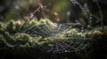 a spider web covered in dew sits on a mossy surface in the sun, with drops of dew on the spider web, in the foreground