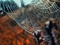 spider web covered with shiny drops of morning dew hanging on the grass on an autumn meadow Royalty Free Stock Photo