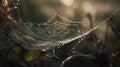 a spider web covered in water droplets on a tree branch in the morning sun, with a blurry background of leaves and branches in Royalty Free Stock Photo