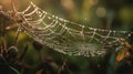 a spider web covered in water droplets on a tree branch in the sun light of the morning, with dew on the leaves and the dew on Royalty Free Stock Photo