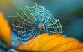 Spider web with dew drops on colorful foliage in autumn Royalty Free Stock Photo