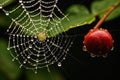 The spider web with dew drops, green leaves on the background Royalty Free Stock Photo