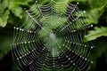 The spider web with dew drops, green leaves on the background Royalty Free Stock Photo