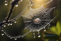 Spider Web With Dew Drops In The Morning, Morning Dew Drops On Spider Web