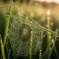 A spider web with dewdrops is delicately stretched between blades of grass. The sunlight creates a Royalty Free Stock Photo