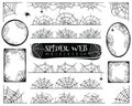 Spider web dividers. Halloween spiderwebs with spiders, cobweb frame and corners. Gossamer borders for banner vector set