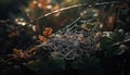 Spider web glistens with dew in autumn forest generated by AI Royalty Free Stock Photo