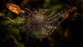 Spider web glistens with dew drop on leaf in autumn forest generated by AI Royalty Free Stock Photo