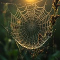 A spider web glistens with dew drops, beautifully backlit by the warm, soft glow of sunlight. Royalty Free Stock Photo