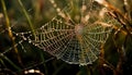 Spider web glistens with dew drops on wet autumn leaf generated by AI Royalty Free Stock Photo