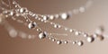 Delicate spider web adorned with shimmering water droplets reflecting light in a soft background Royalty Free Stock Photo