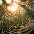 A spider web glistens in the sunlight, with dew drops capturing the light, creating a sparkling Royalty Free Stock Photo