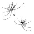 Spider on the web. Hand drawn doodle sketch black outline clip art for halloween invitation greeting card. Gloomy and Royalty Free Stock Photo