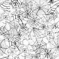 Spider web hand drawn grunge seamless pattern for halloween party background. Horror style Royalty Free Stock Photo