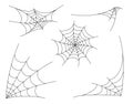 Spider web icon set. Halloween cobweb collection for creepy, spooky background. Simple corner hanging spiderweb. Editable stroke.
