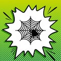 Spider on web illustration. Black Icon on white popart Splash at green background with white spots. Illustration