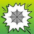 Spider on web illustration. Black Icon on white popart Splash at green background with white spots. Illustration