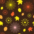 Spider web, leaves and sun in autumn forest, seamless autumn pattern