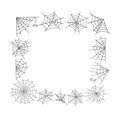 Spider web and little hanging spider square frame simple hand drawn vector outline illustration
