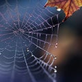 A spider web with patterns of dew drops hanging above on a maple leaf tree. Royalty Free Stock Photo