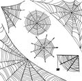 Spider web set - black on white background. Halloween design elements. Doodle line art. Creepy spiderwebs collection Royalty Free Stock Photo