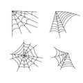 Spider web set simple vector outline illustration of doodle fancy isolated Halloween objects on white background, clipart