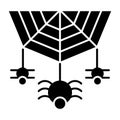 Spider on the web solid icon. Cobweb with the spider vector illustration isolated on white. Arachnid glyph style design Royalty Free Stock Photo