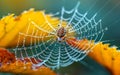 Spider on the web. Spider web with dew drops on colorful foliage Royalty Free Stock Photo