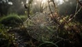 Spider web traps dew drops, autumn forest wet with rain generated by AI Royalty Free Stock Photo