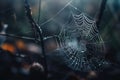 a spider web with water droplets on it in a forest Royalty Free Stock Photo