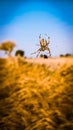 spider on wheat crop field blur background of blue sky and wheat field