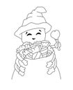 Outline of spider in a witch hat with a caramel apple in its paw hugs a bag full of sweets